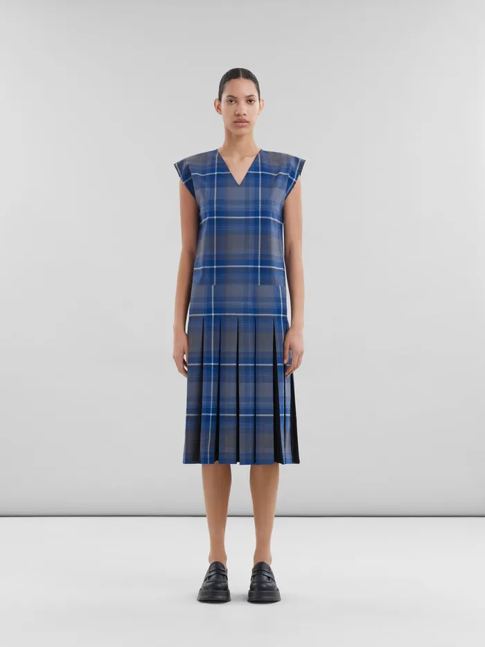 Blue Checked Wool Blend Dress With Contrast Pleats Women Marni Dresses