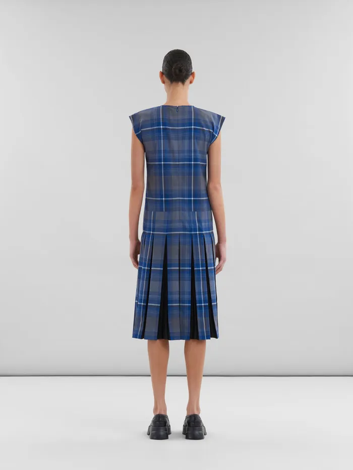 Blue Checked Wool Blend Dress With Contrast Pleats Women Marni Dresses