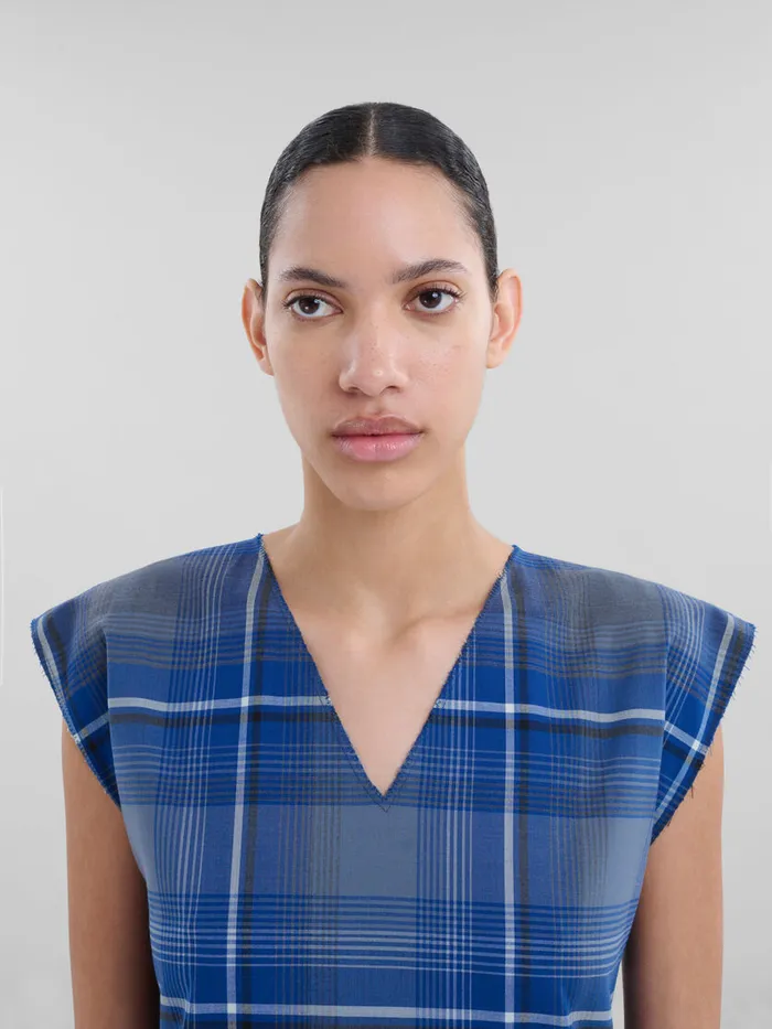 Blue Checked Wool Blend Dress With Contrast Pleats Women Marni Dresses