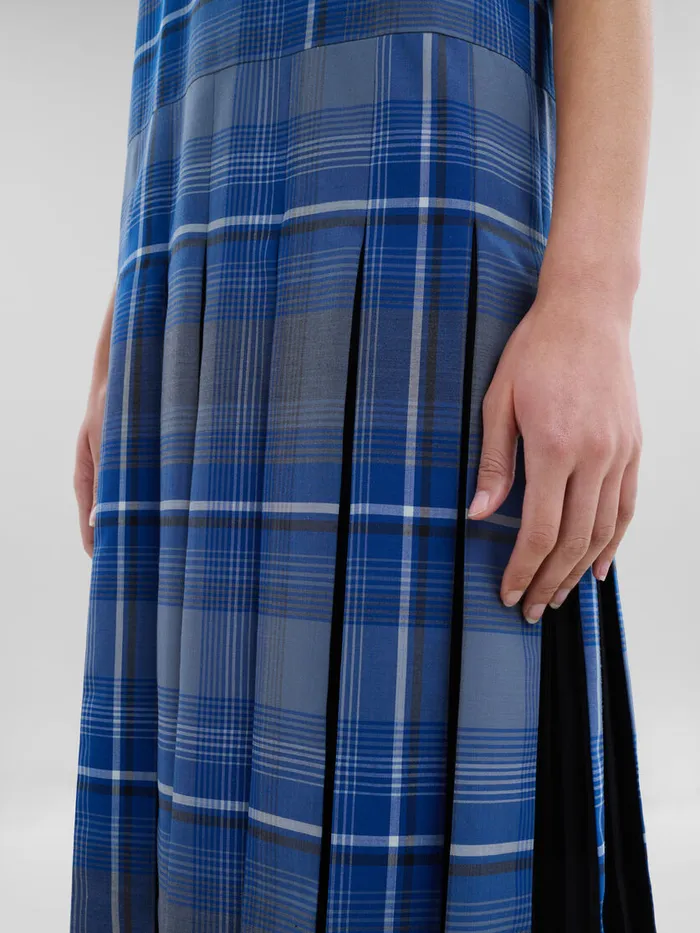 Blue Checked Wool Blend Dress With Contrast Pleats Women Marni Dresses