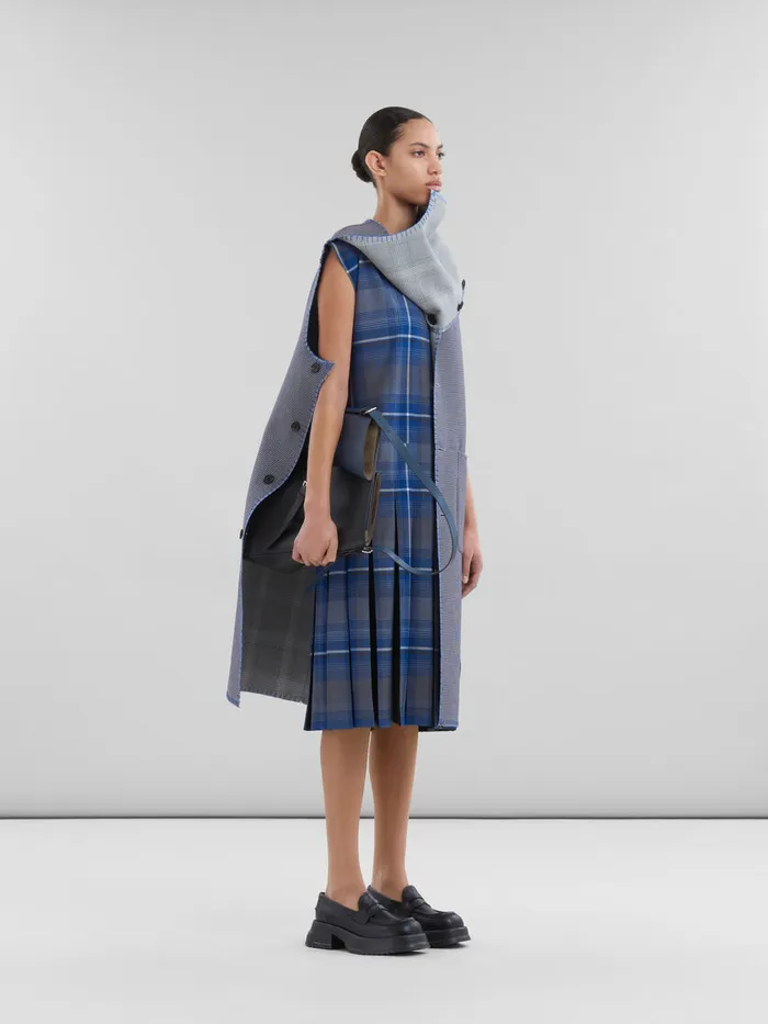 Blue Checked Wool Blend Dress With Contrast Pleats Women Marni Dresses