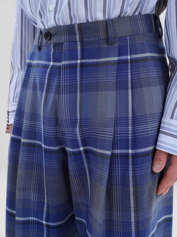 Blue Checked Wool Pleated Trousers Men Marni Pants