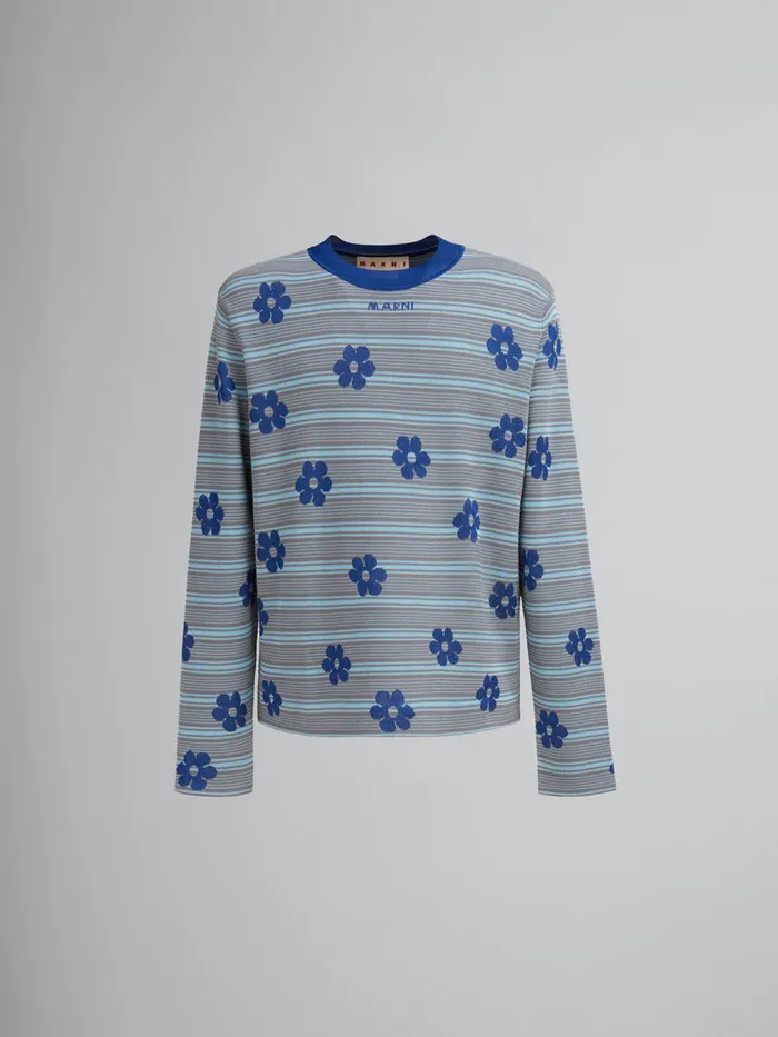 Blue Cottonviscose Striped Jumper With Floral Motif Men Marni Knitwear