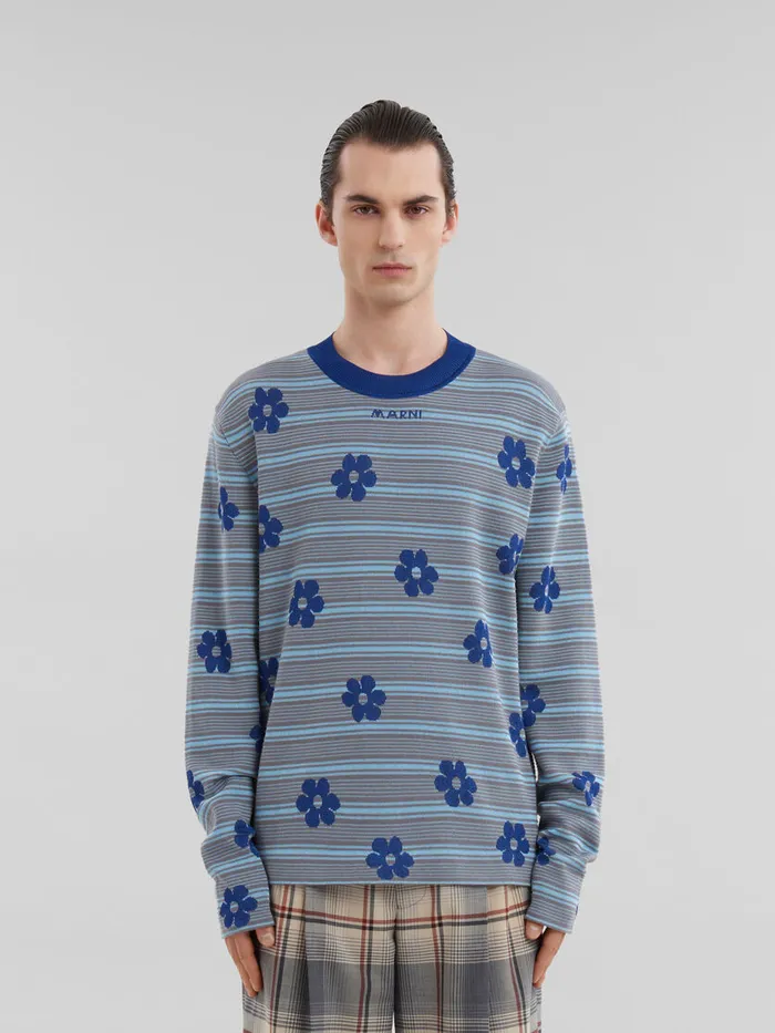 Blue Cottonviscose Striped Jumper With Floral Motif Men Marni Knitwear