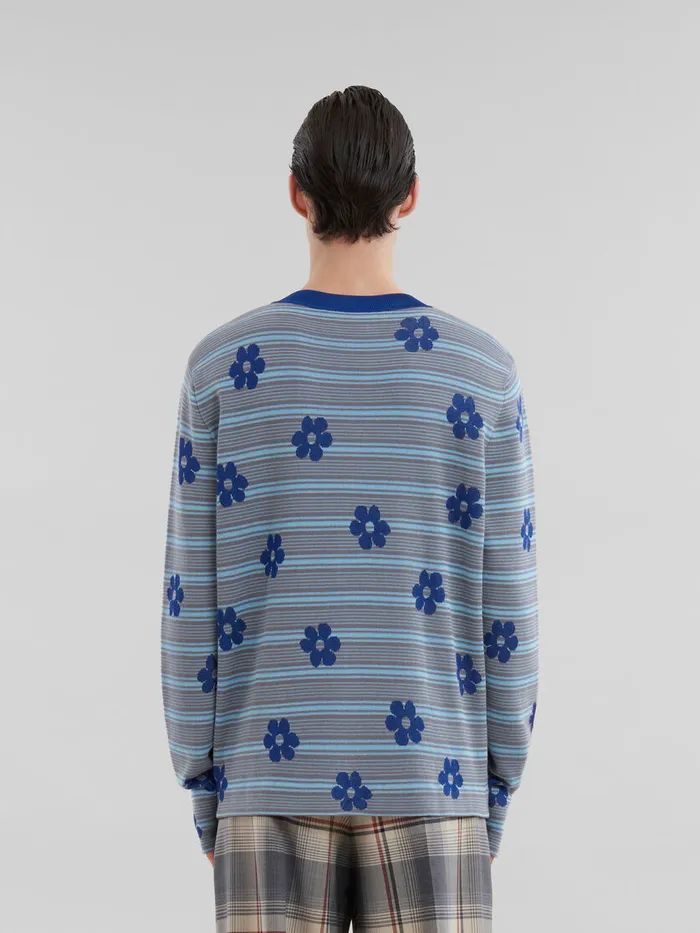 Blue Cottonviscose Striped Jumper With Floral Motif Men Marni Knitwear
