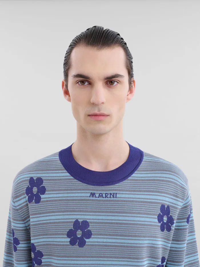 Blue Cottonviscose Striped Jumper With Floral Motif Men Marni Knitwear
