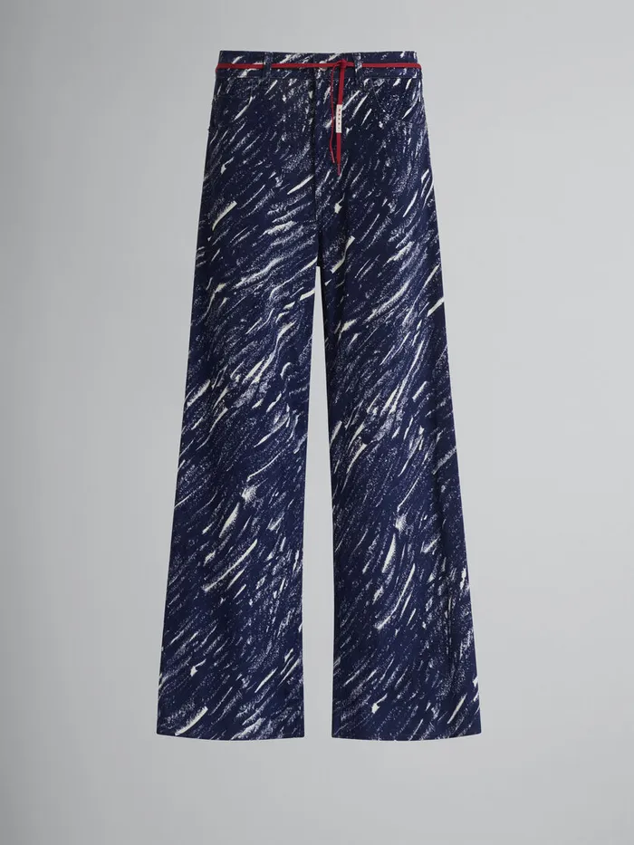 Blue Flocked Denim Flared Jeans With Crayon Print Men Marni Pants