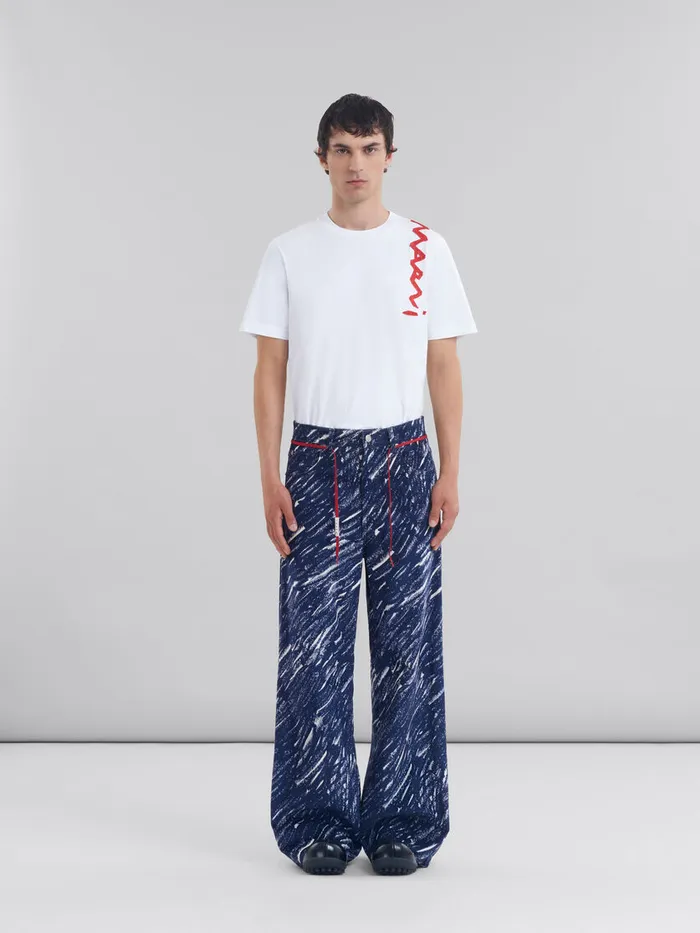 Blue Flocked Denim Flared Jeans With Crayon Print Men Marni Pants