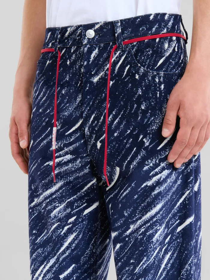 Blue Flocked Denim Flared Jeans With Crayon Print Men Marni Pants