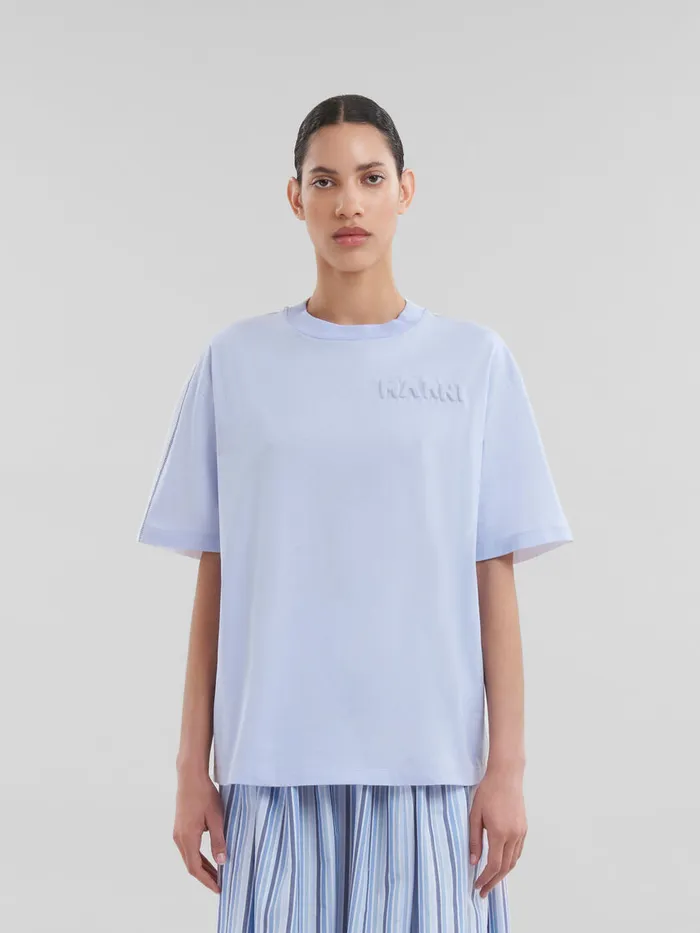 Blue Organic Cotton Boxy Tshirt With Padded Logo Women Marni Tops and TShirts