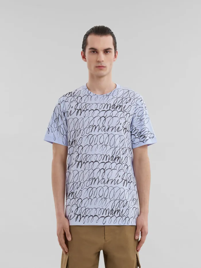 Blue Organic Cotton Tshirt With Marni Scribble Motif Men Marni Tops and TShirts