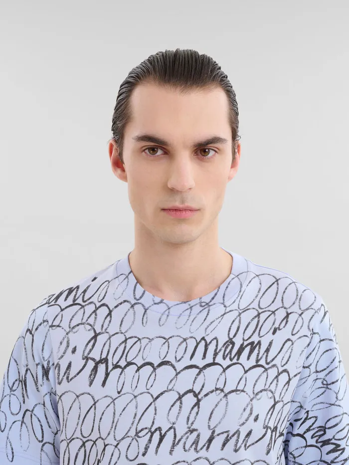 Blue Organic Cotton Tshirt With Marni Scribble Motif Men Marni Tops and TShirts