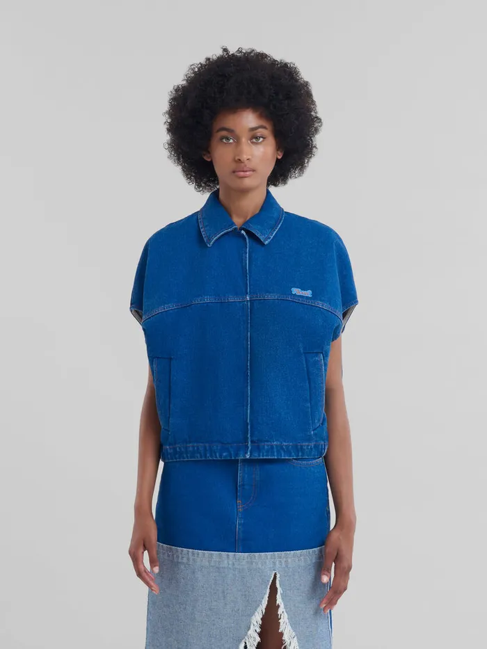 Blue Organic Denim Shortsleeved Jacket With Marni Logo Patch Women Marni Coats and Jackets