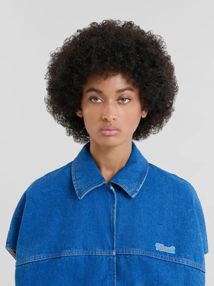 Blue Organic Denim Shortsleeved Jacket With Marni Logo Patch Women Marni Coats and Jackets
