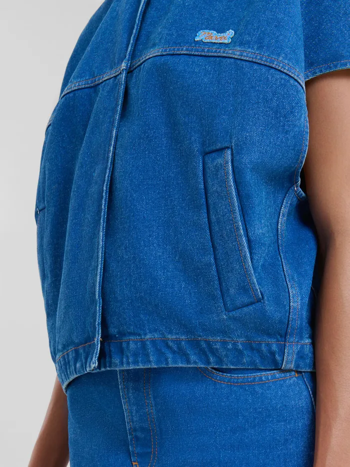 Blue Organic Denim Shortsleeved Jacket With Marni Logo Patch Women Marni Coats and Jackets