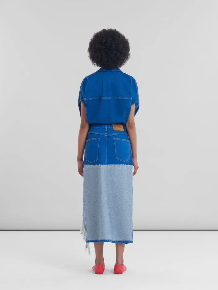 Blue Organic Denim Twotone Midi Skirt Women Marni Skirts