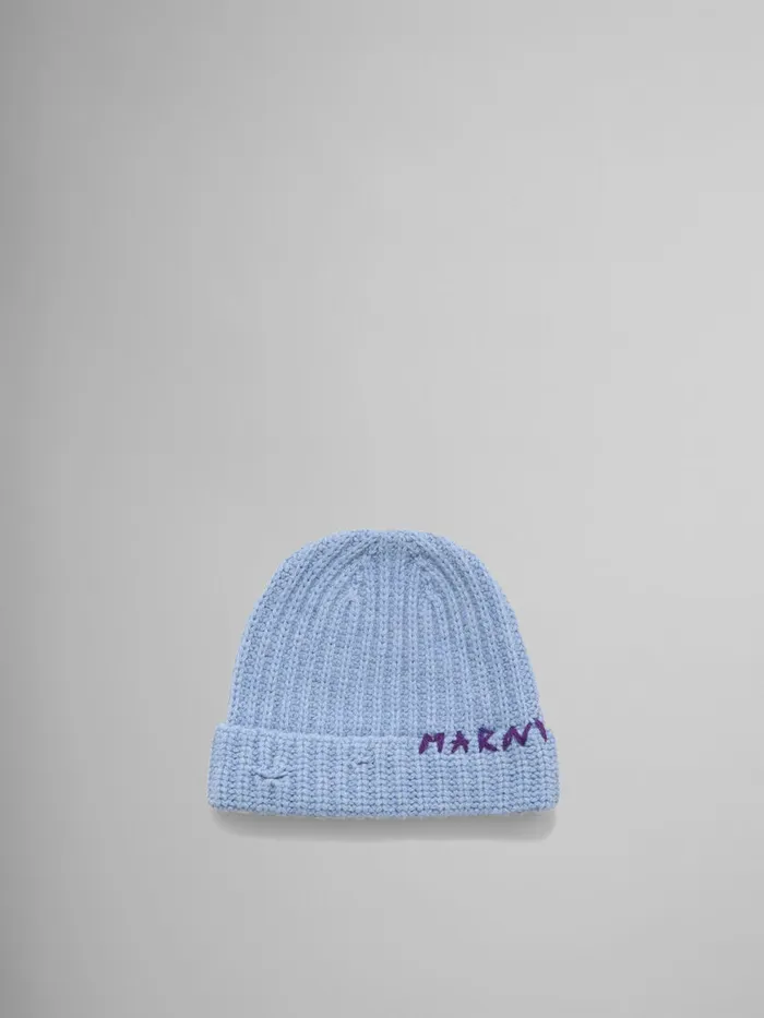 Blue Shetland Wool Beanie With Marni Mending Women Marni Hats