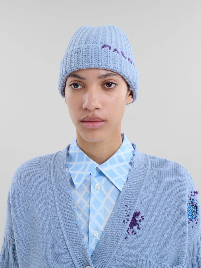 Blue Shetland Wool Beanie With Marni Mending Women Marni Hats