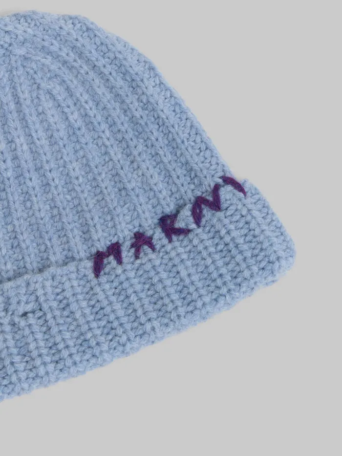 Blue Shetland Wool Beanie With Marni Mending Women Marni Hats