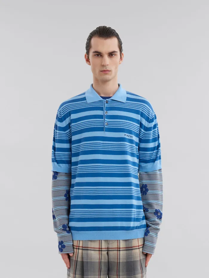 Blue Striped Cotton Polo Shirt With Marni Mending Men Marni Knitwear