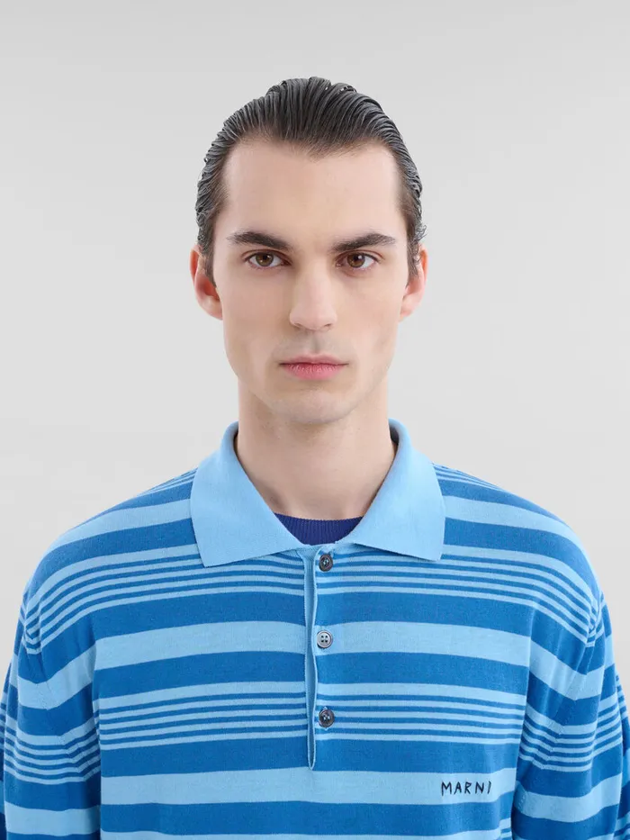 Blue Striped Cotton Polo Shirt With Marni Mending Men Marni Knitwear