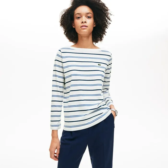 Boat Neck Cotton Blend Sailor Shirt WhiteBlueNavy Blue Womens Lacoste TShirts For Sale Online