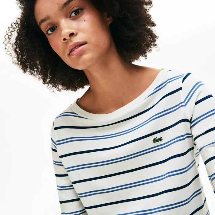 Boat Neck Cotton Blend Sailor Shirt WhiteBlueNavy Blue Womens Lacoste TShirts For Sale Online