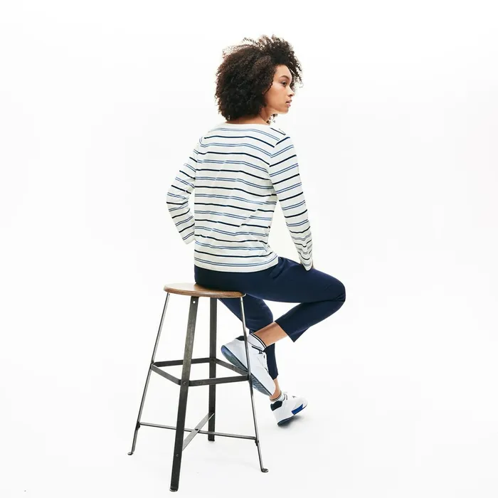 Boat Neck Cotton Blend Sailor Shirt WhiteBlueNavy Blue Womens Lacoste TShirts For Sale Online