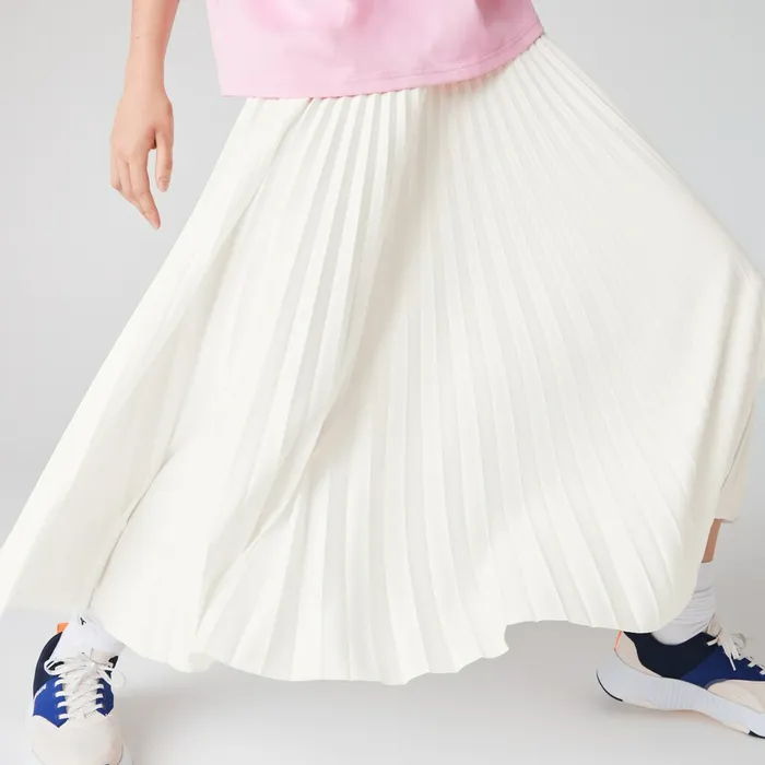 Branded Elasticised Pleated Skirt White Womens Lacoste Dresses and Skirts Store