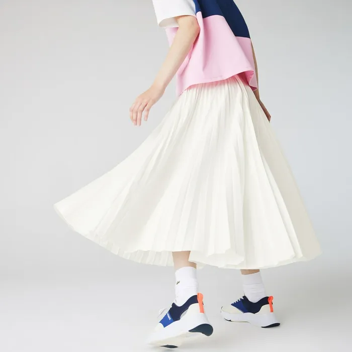 Branded Elasticised Pleated Skirt White Womens Lacoste Dresses and Skirts Store