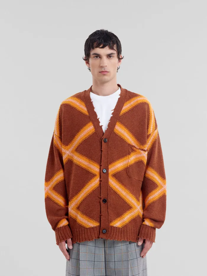 Brown Broken Wool Cardigan With Argyle Motif Men Marni Knitwear