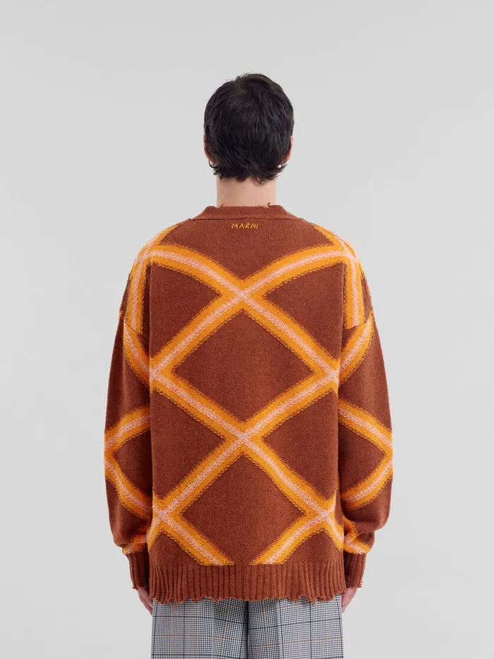 Brown Broken Wool Cardigan With Argyle Motif Men Marni Knitwear