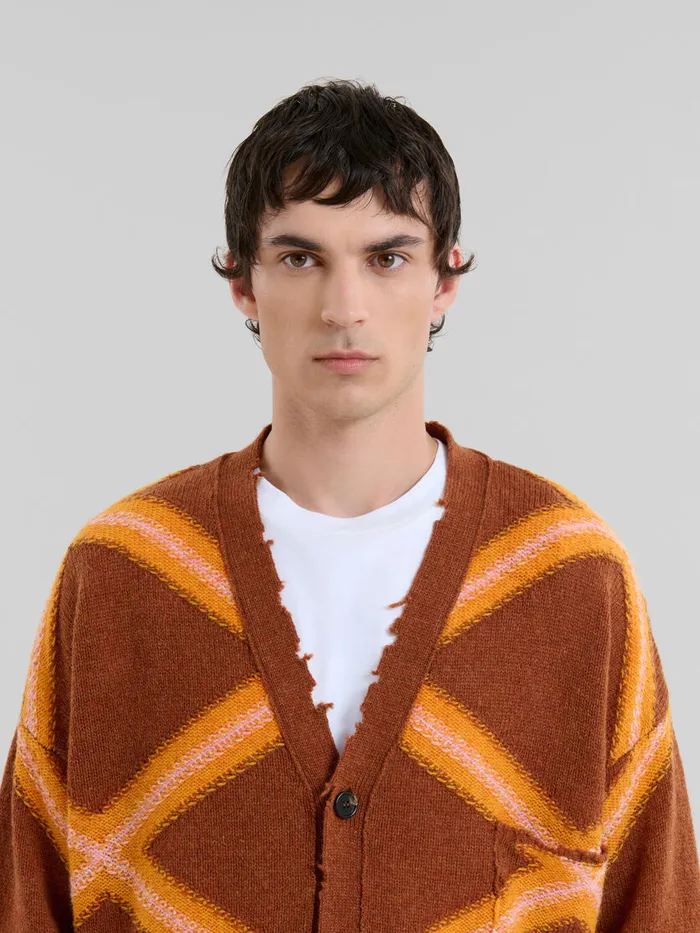 Brown Broken Wool Cardigan With Argyle Motif Men Marni Knitwear