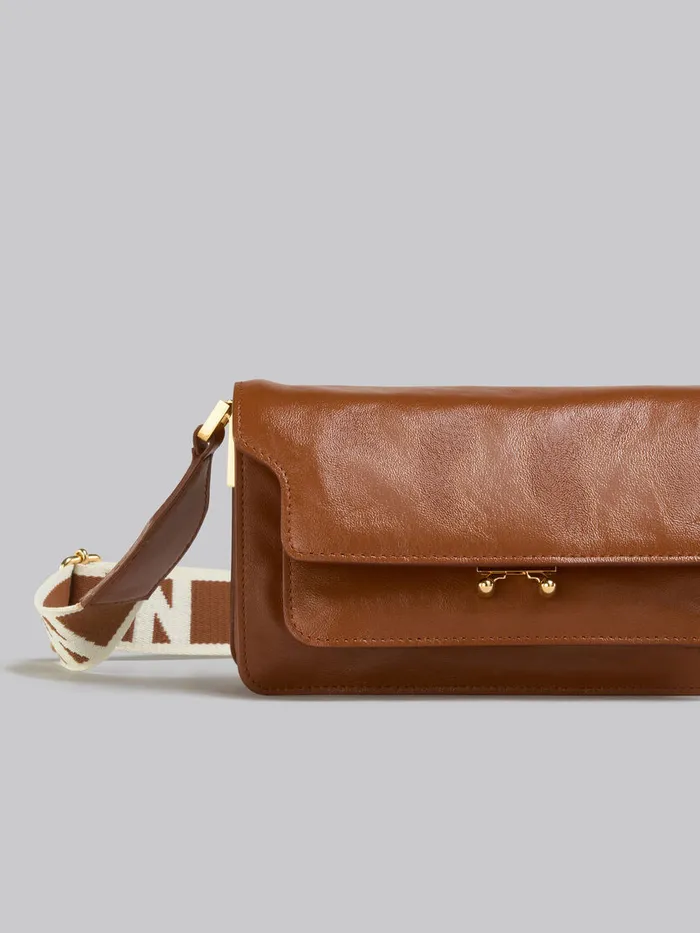 Brown Leather EW Soft Trunk Bag With Logo Strap Women Marni Shoulder Bags