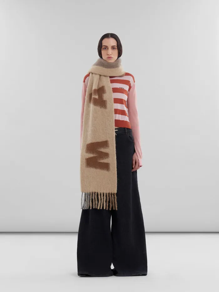 Brown Mohair And Wool Scarf With Maxi Logo Women Marni Scarves