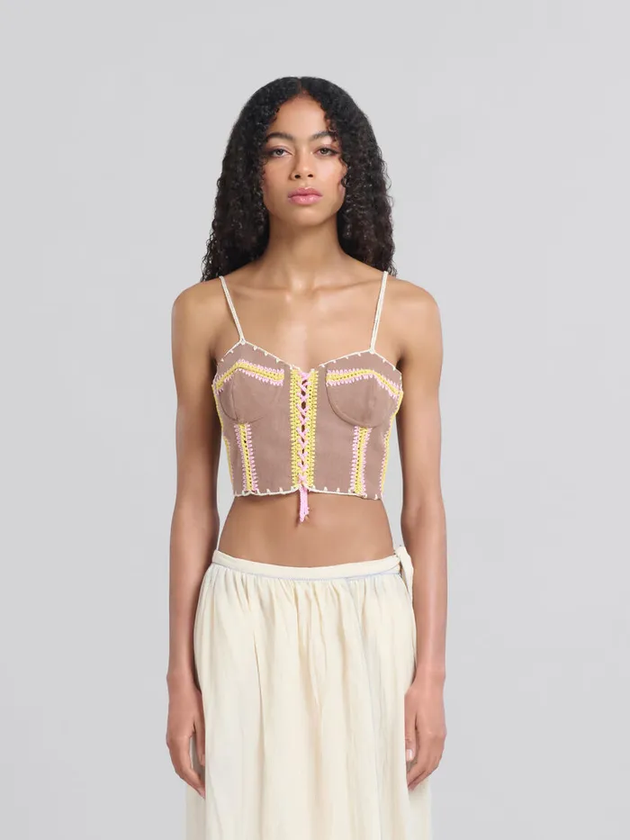 Brown Organic Denim Cami With Crochet Details Women Marni Tops and TShirts