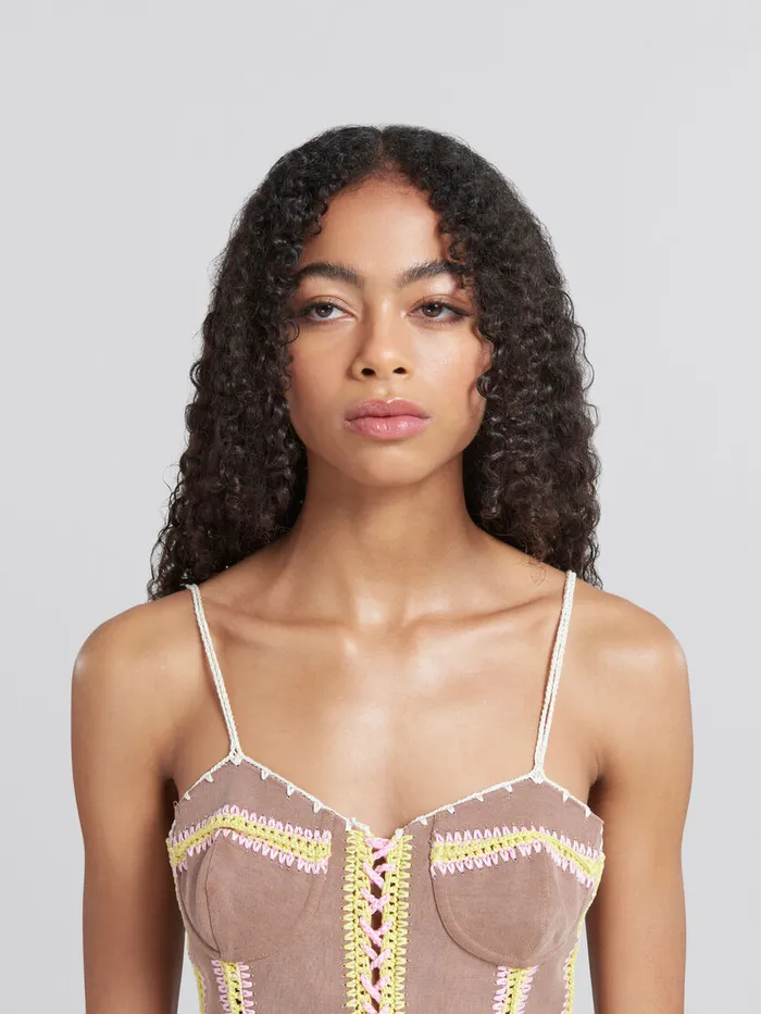 Brown Organic Denim Cami With Crochet Details Women Marni Tops and TShirts