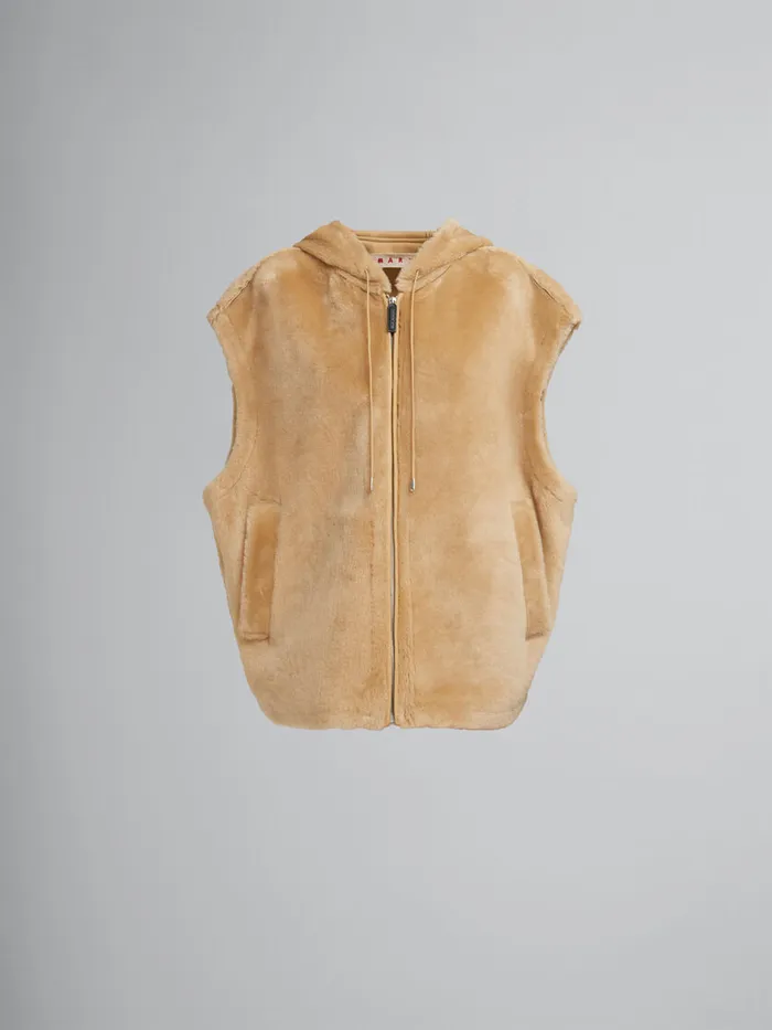 Brown Shaved Shearling Hooded Gilet Women Marni Coats and Jackets