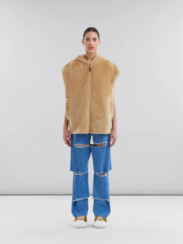 Brown Shaved Shearling Hooded Gilet Women Marni Coats and Jackets