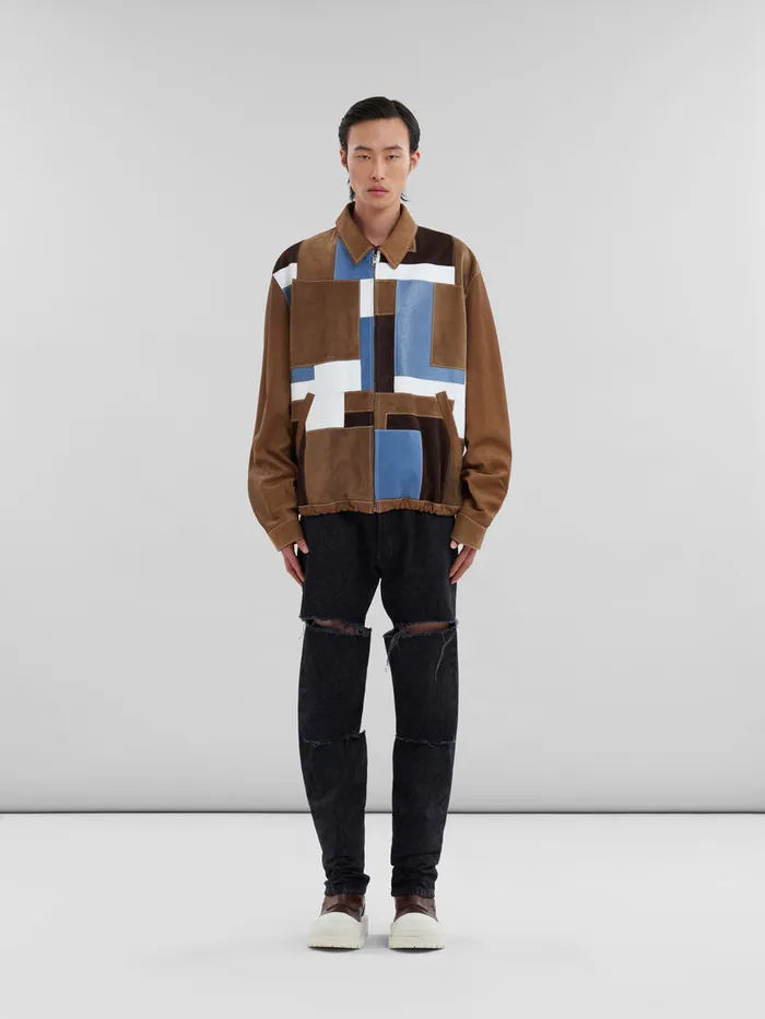 Brown Suede And Leather Patchwork Jacket Men Marni Coats and Jackets