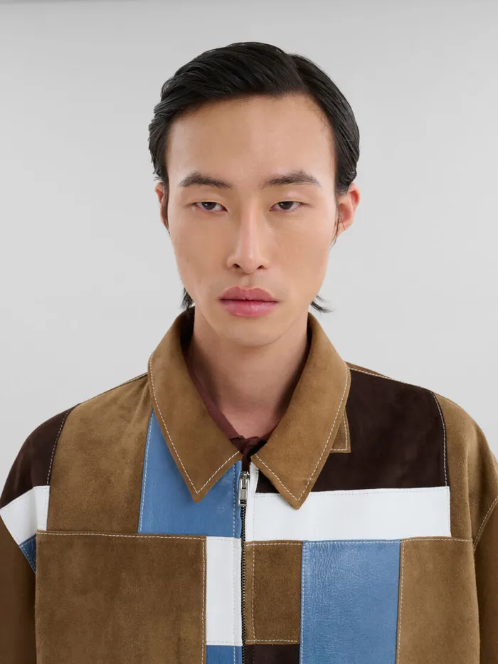 Brown Suede And Leather Patchwork Jacket Men Marni Coats and Jackets