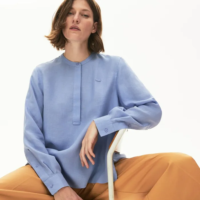 Buttoned Mao Collar Linen Blouse Purple Womens Lacoste Shirts and Tops Shop