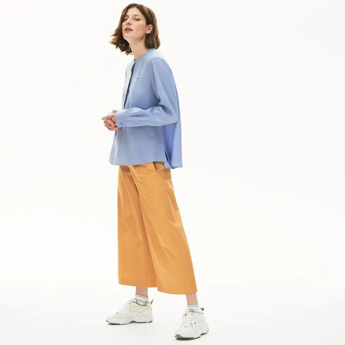 Buttoned Mao Collar Linen Blouse Purple Womens Lacoste Shirts and Tops Shop