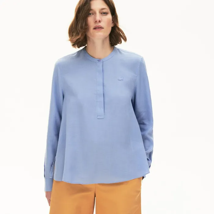 Buttoned Mao Collar Linen Blouse Purple Womens Lacoste Shirts and Tops Shop
