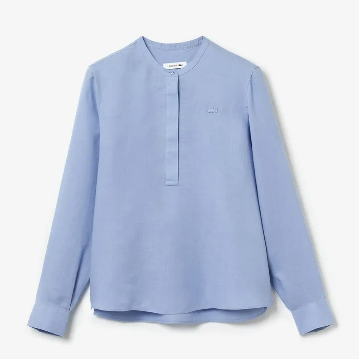 Buttoned Mao Collar Linen Blouse Purple Womens Lacoste Shirts and Tops Shop
