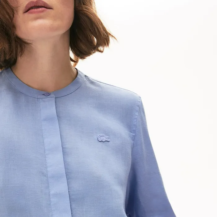 Buttoned Mao Collar Linen Blouse Purple Womens Lacoste Shirts and Tops Shop