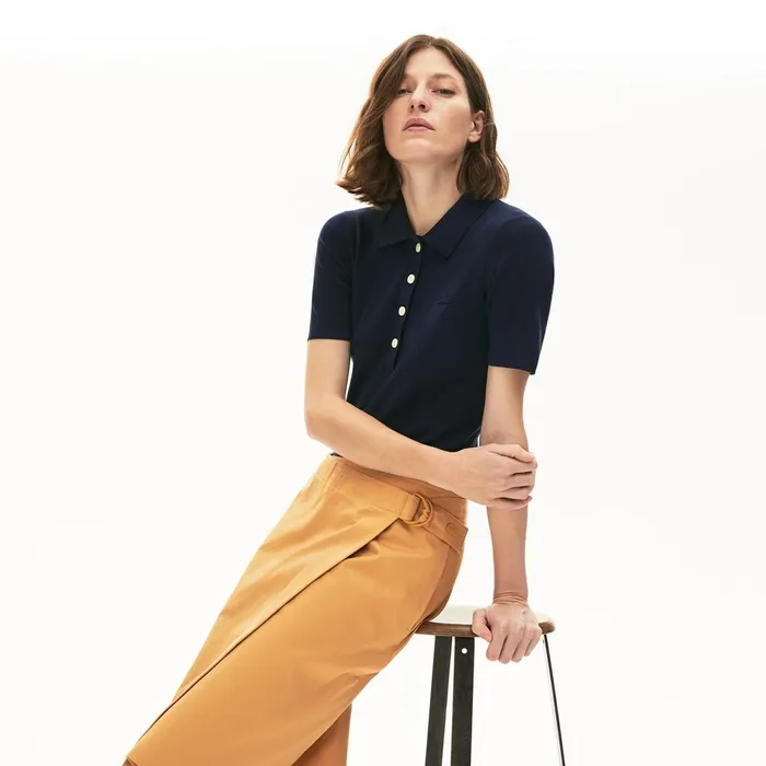 Buttoned Polo Collar Sweater Navy Blue Womens Lacoste Sweaters and Sweatshirts For Sale Buttoned Polo Collar Sweater Navy Blue Womens Lacoste Sweaters and Sweatshirts For Sale