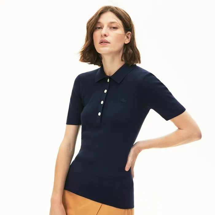 Buttoned Polo Collar Sweater Navy Blue Womens Lacoste Sweaters and Sweatshirts For Sale