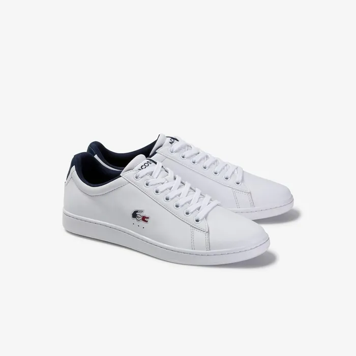 Carnaby Evo Leather and Synthetic Sneakers WhiteNavyRed Mens Lacoste Sneakers Outlet