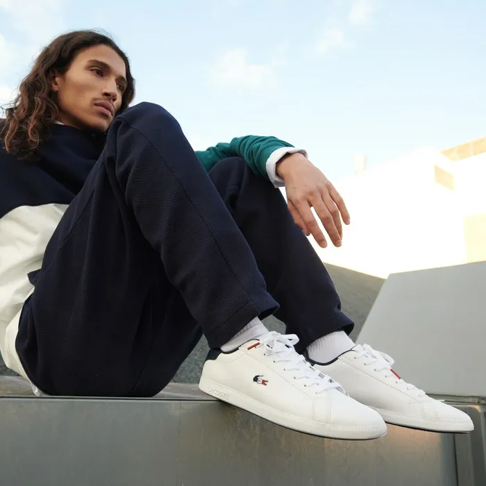 Carnaby Evo Leather and Synthetic Sneakers WhiteNavyRed Mens Lacoste Sneakers Outlet
